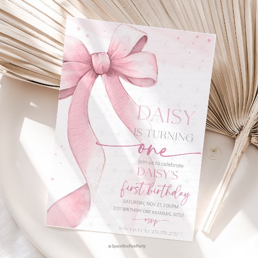 Bow Coquette Pink 1st Birthday  Kaart