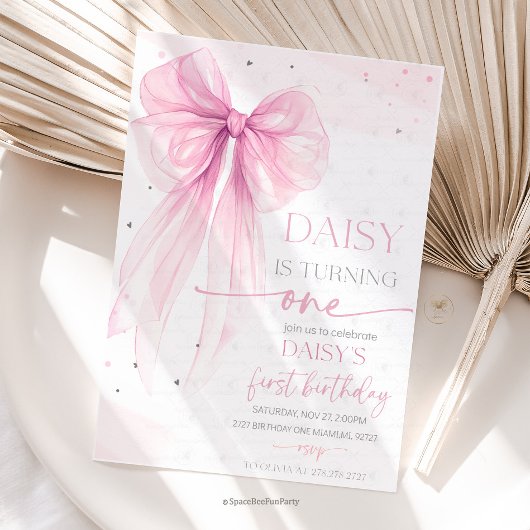 Bow Coquette Pink 1st Birthday Kaart
