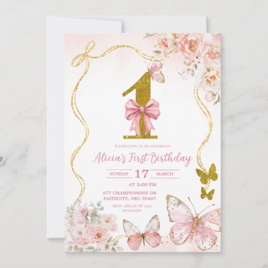 Bow Coquette Pink Butterfly First Birthday Kaart (Voorkant)