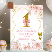 Bow Coquette Pink Butterfly First Birthday Kaart