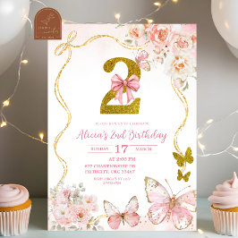 Bow Coquette Pink Butterfly Second Birthday Kaart