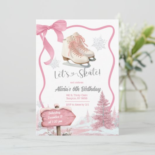 Bow Coquette Pink Girl Let's Skate Birthday Kaart (Staand voorkant)