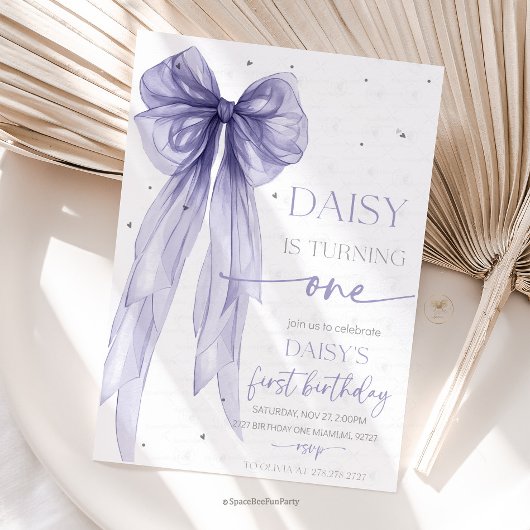 Bow Coquette Purple 1st Birthday  Kaart