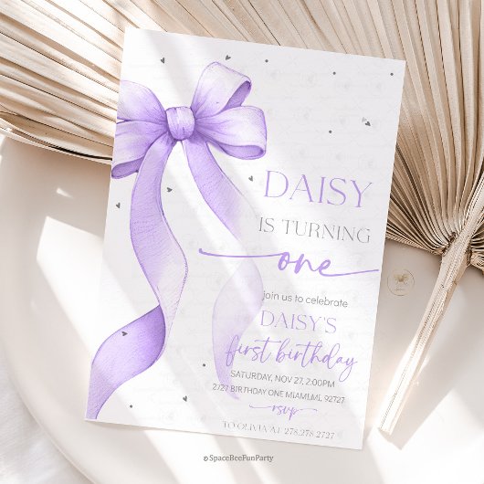 Bow Coquette Purple 1st Birthday  Kaart