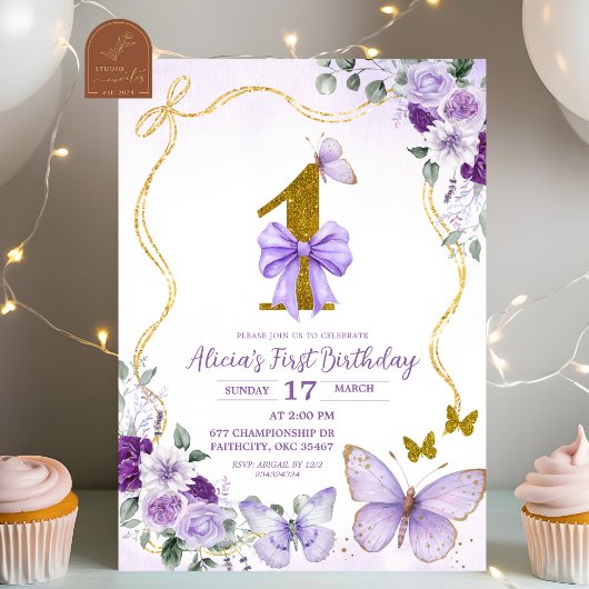 Bow Coquette Purple Butterfly First Birthday Kaart