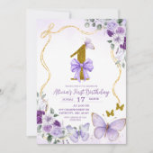 Bow Coquette Purple Butterfly First Birthday Kaart (Voorkant)