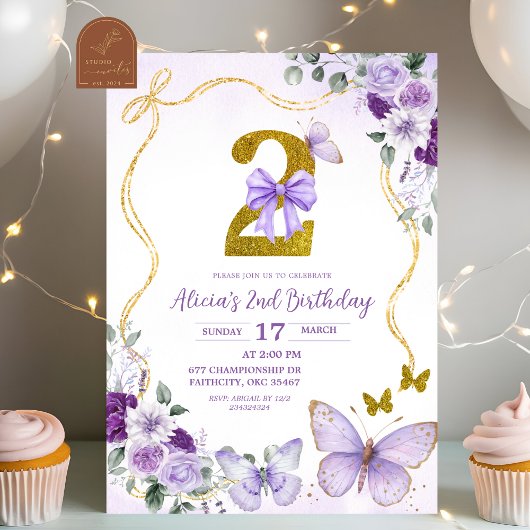 Bow Coquette Purple Butterfly Second Birthday Kaart