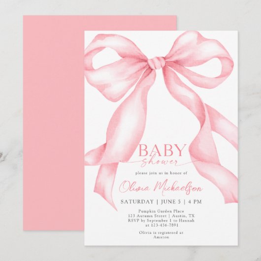 Bow Coquette Roze Lint Elegant Meisje Baby shower Kaart (Voorkant / Achterkant)