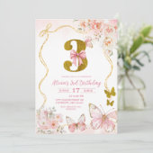Bow Coquette Roze Vlinder Derde Verjaardag Kaart (Staand voorkant)