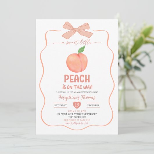 Bow Coquette Sweet Little Peach Baby shower Kaart (Staand voorkant)