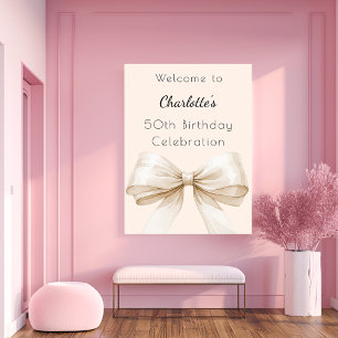 Bow crème beige verjaardagsfeestje welkom poster