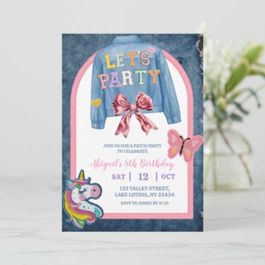 Bow Denim Jacket Patch Party Birthday Kaart (Staand voorkant)