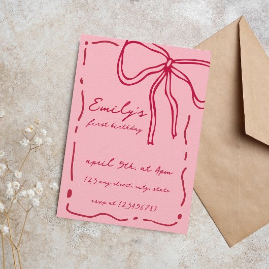 Bow eigenzinnige hand getekend grillig rood roze v kaart