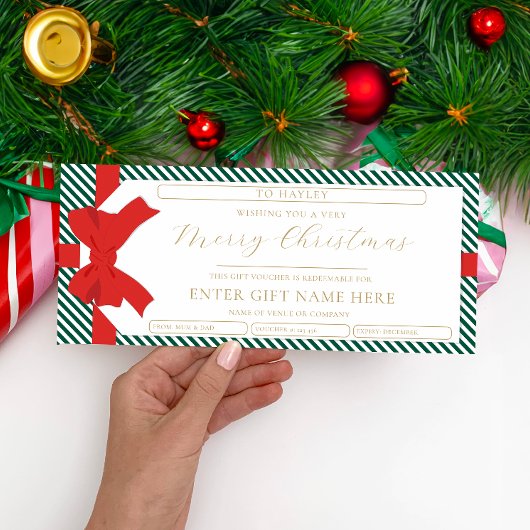 Bow Emerald Stripe Christmas Gift Voucher Kaart