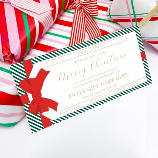 Bow Emerald Stripe Christmas Gift Voucher Kaart