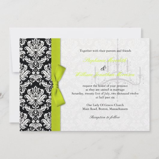 Bow en Chandelier Damask Wedding Invitation Kaart (Voorkant)