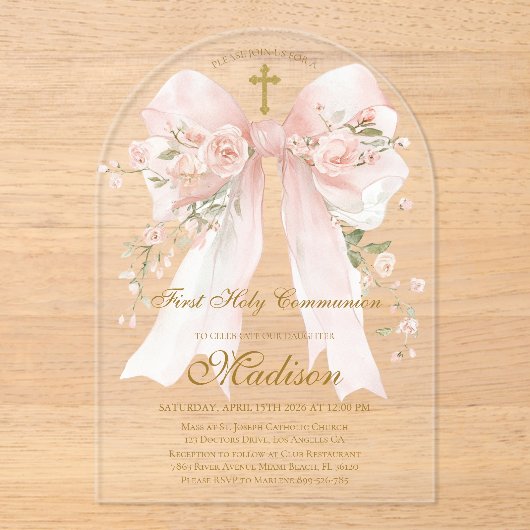 Bow First Holy Communion Girl - Boho Arch Acryl Uitnodigingen (Voorkant)