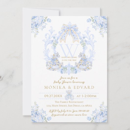 Bow Floral Aquarel Elegant Boy Baby shower Kaart (Voorkant)
