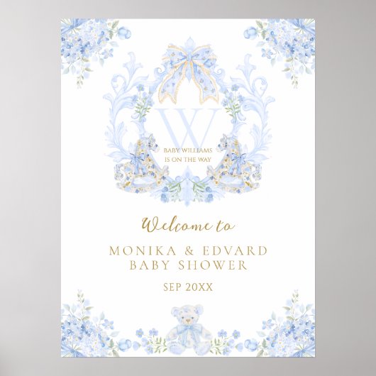 Bow Floral Aquarel Elegant Boy Baby shower Poster (Voorkant)