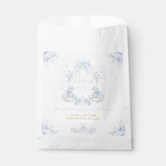 Bow Floral Crest Rustiek Blauw Jongen Baby shower Bedankzakje (Voorkant)