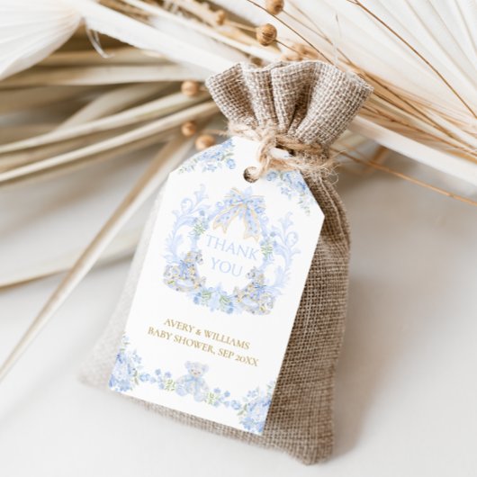 Bow Floral Crest Rustiek Blauw Jongen Baby shower Cadeaulabel