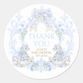 Bow Floral Crest Rustiek Blauw Jongen Baby shower Ronde Sticker (Voorkant)