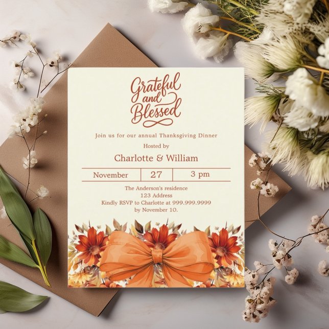 Bow floral orange Thanksgiving dinner invitation (Creator heeft geüpload)