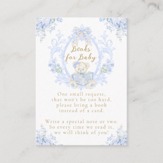 Bow Floral Teddy Bear Toile Boy Baby shower Boek Informatiekaartje (Voorkant)