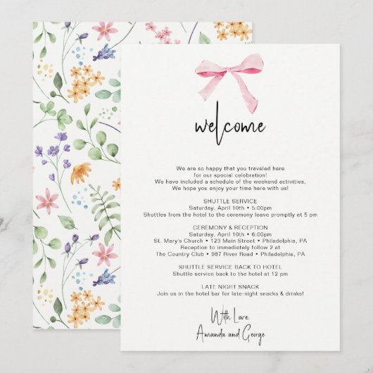 Bow floral Wedding Welcome Bag Letter Itinerary Feestdagenkaart (Voorkant / Achterkant)