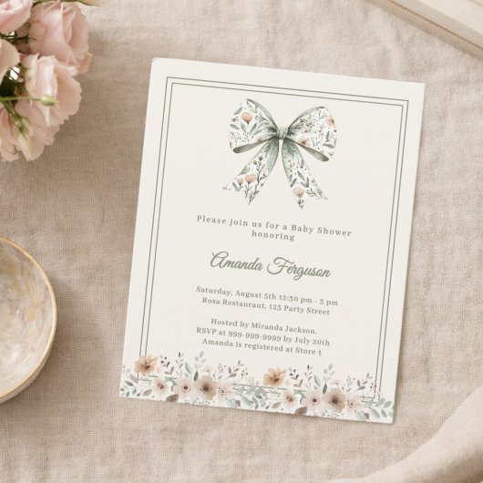 Bow florals green ivory Baby Shower invitation