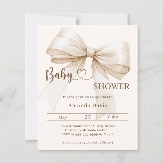 Bow gender neutral beige Baby Shower invitation (Voorkant)