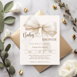 Bow gender neutral beige Baby Shower invitation