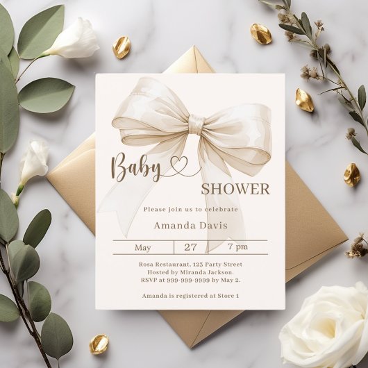 Bow gender neutral beige Baby Shower invitation