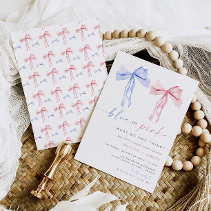 Bow Gender Reveal Uitnodiging Blauw Roze Coquette