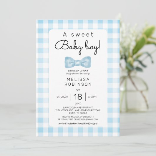 Bow Gingham Baby Jongen Douche Kaart (Staand voorkant)