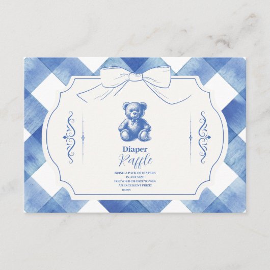 Bow Gingham Franse Teddybeer Diapper Raffle Informatiekaartje (Voorkant)