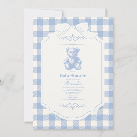 Bow Gingham French Teddy Bear Baby shower Kaart (Voorkant)