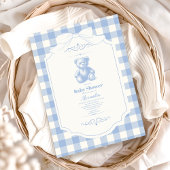 Bow Gingham French Teddy Bear Baby shower Kaart