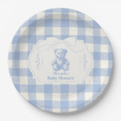 Bow Gingham French Teddy Bear Baby shower Papieren Bordje (Voorkant)