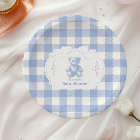 Bow Gingham French Teddy Bear Baby shower Papieren Bordje