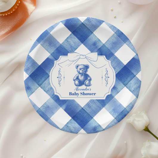 Bow Gingham French Teddy Bear Baby shower Papieren Bordje