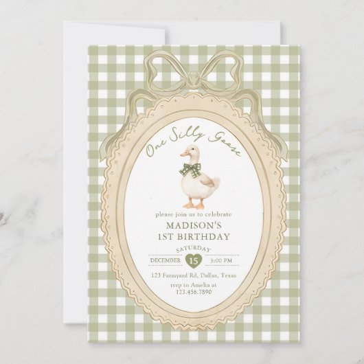 Bow Gingham One Silly Goose 1st Birthday Kaart (Voorkant)