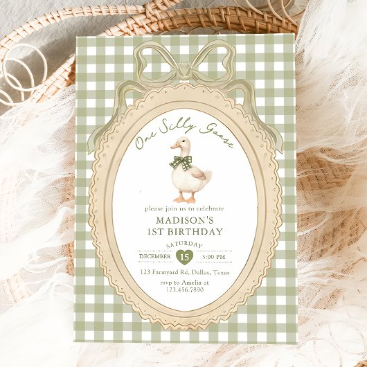 Bow Gingham One Silly Goose 1st Birthday Kaart