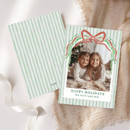 Bow Green Stripe Christmas Photo Holiday Card Feestdagenkaart
