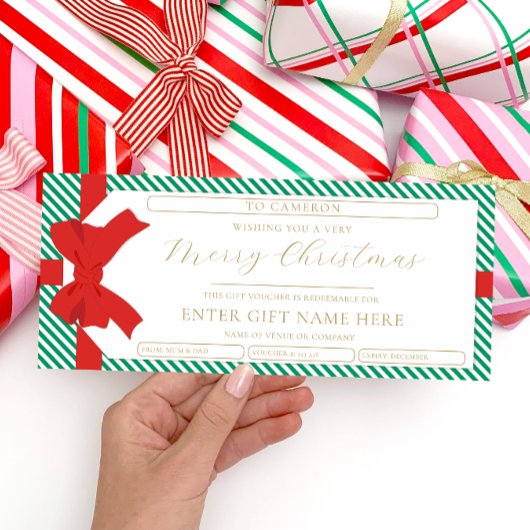 Bow Green Stripe Merry Christmas Gift Voucher Kaar Kaart