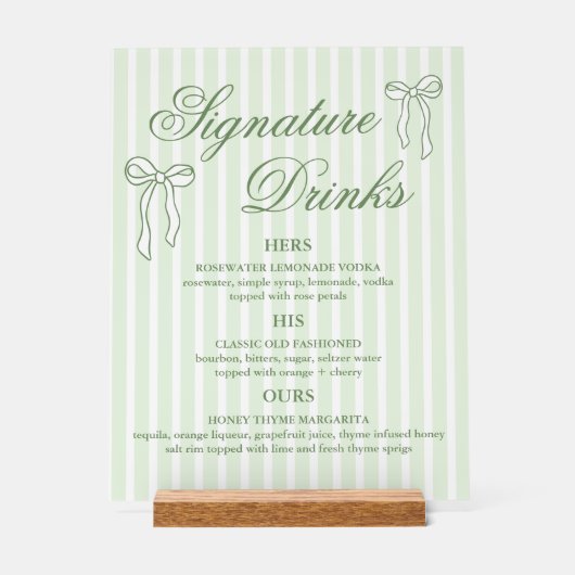 Bow Green Wedding Signature Drink cocktails Acryl Bord (Voorkant)
