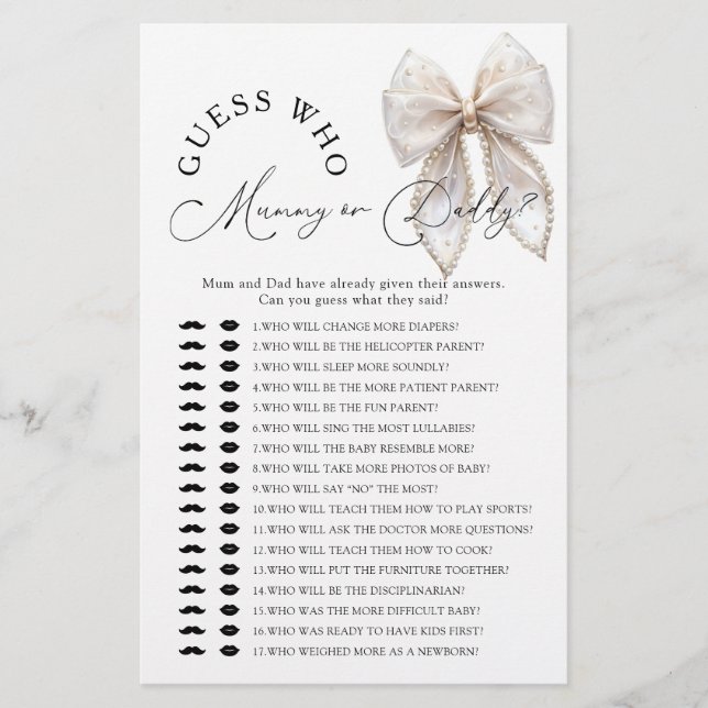 Bow Guess Who Mommy or Daddy Baby Shower Game (Voorkant)