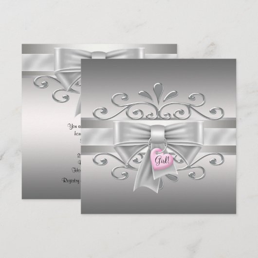 Bow Hart Charm Roze Zilveren Baby Meisje Douche Kaart (Voorkant / Achterkant)