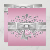 Bow Hart Charm Roze Zilveren Baby Meisje Douche Kaart (Voorkant / Achterkant)