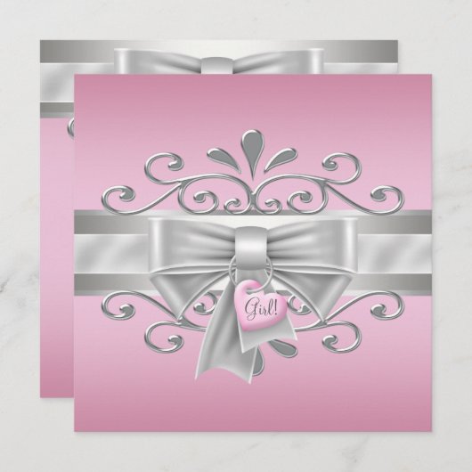 Bow Hart Charm Roze Zilveren Baby Meisje Douche Kaart (Voorkant / Achterkant)